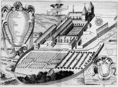 Gravierte Tafel des 17. Jahrhunderts, die die Abtei Saint-Pé-de-Bigorre im Buch Monasticon Gallicanum darstellt von Michel Germain